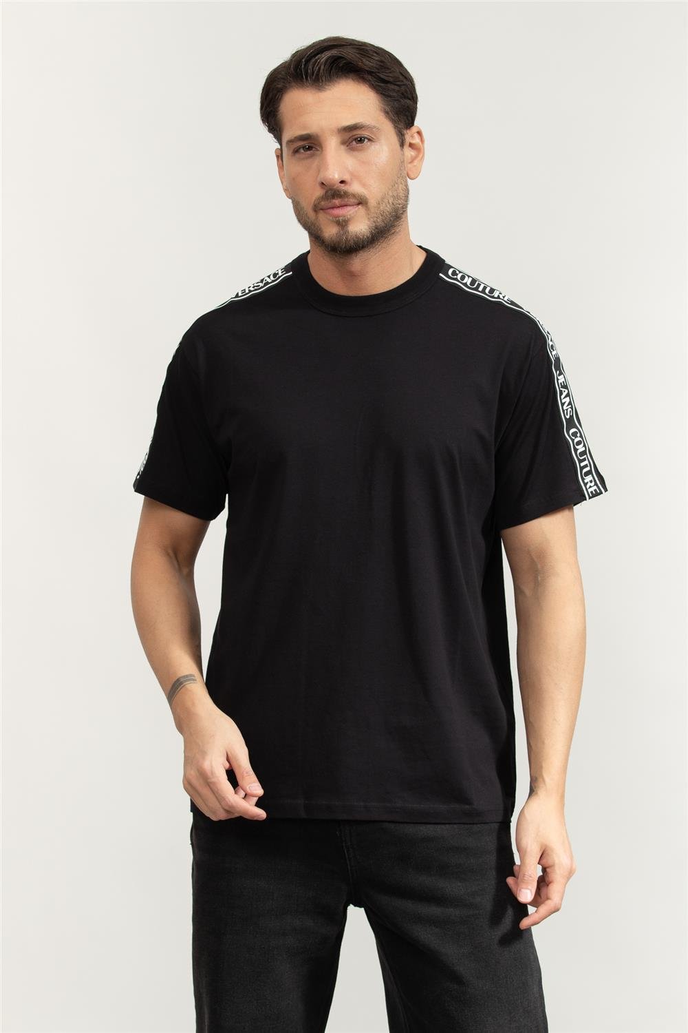 Versace Jeans Couture Cotton Jersey Erkek Bisiklet Yaka T-Shirt Siyah