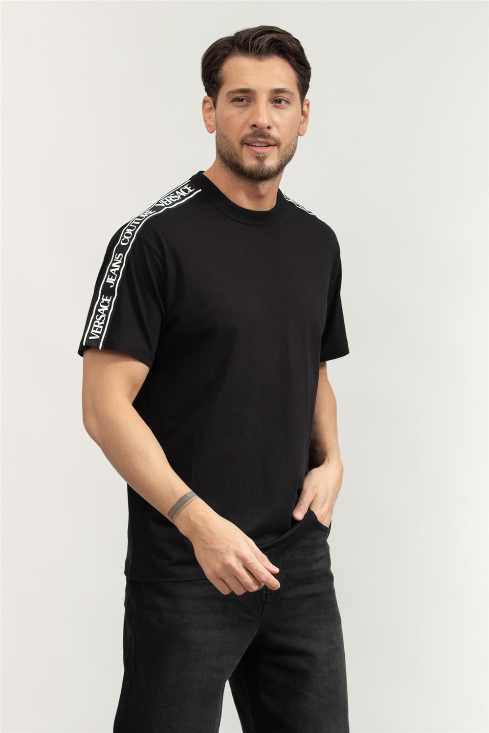 Versace Jeans Couture Cotton Jersey Erkek Bisiklet Yaka T-Shirt Siyah