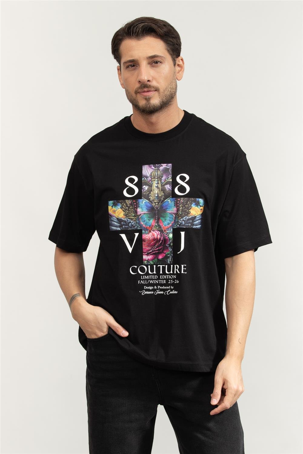 Versace Jeans Couture Cotton Jersey Erkek Bisiklet Yaka T-Shirt Siyah