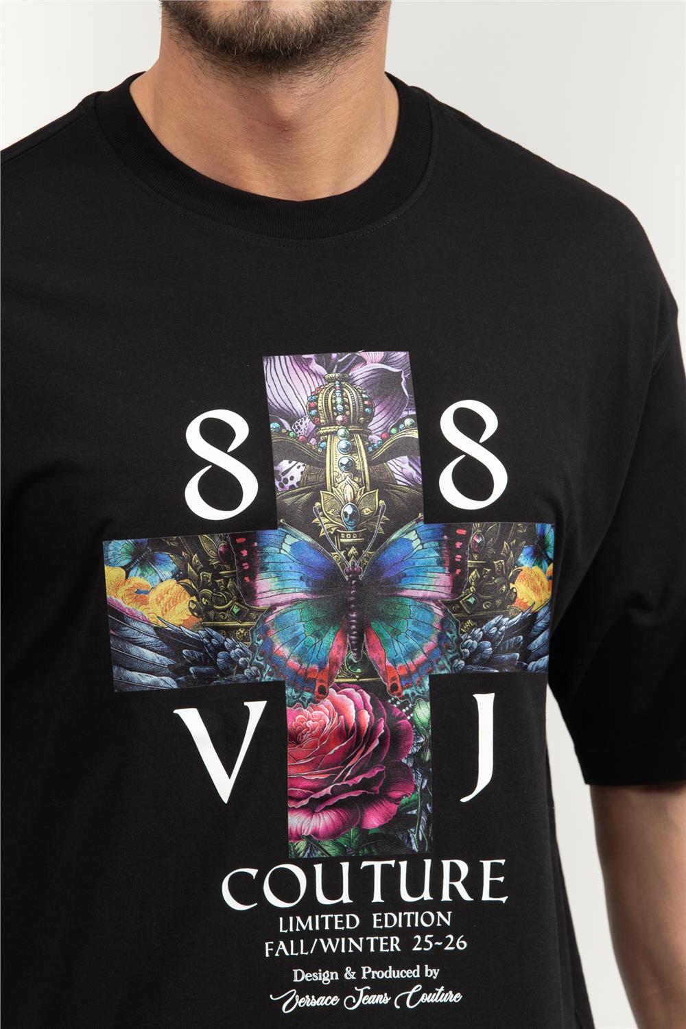 Versace Jeans Couture Cotton Jersey Erkek Bisiklet Yaka T-Shirt Siyah