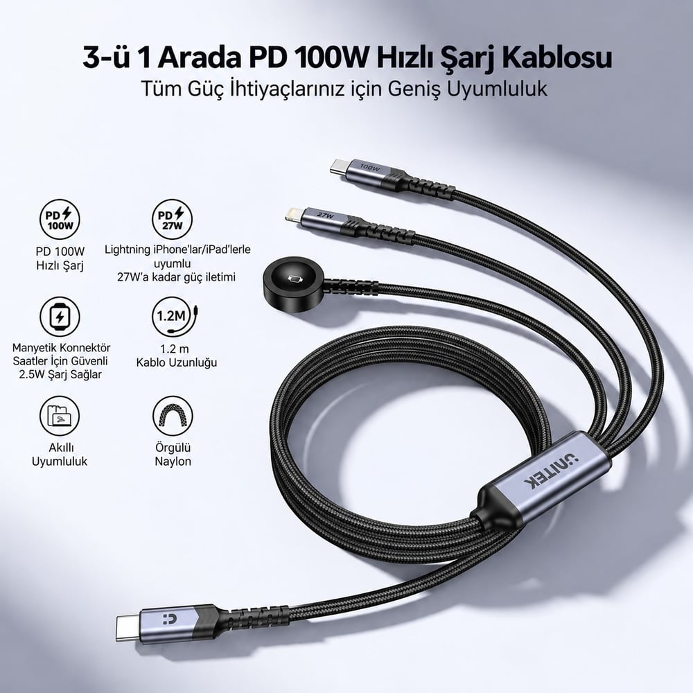 UNITEK USB-C 3 U 1 ARADA 100 W HIZLI SARJ KABLOSU 1.2M (C14180AGY01-1.2M)