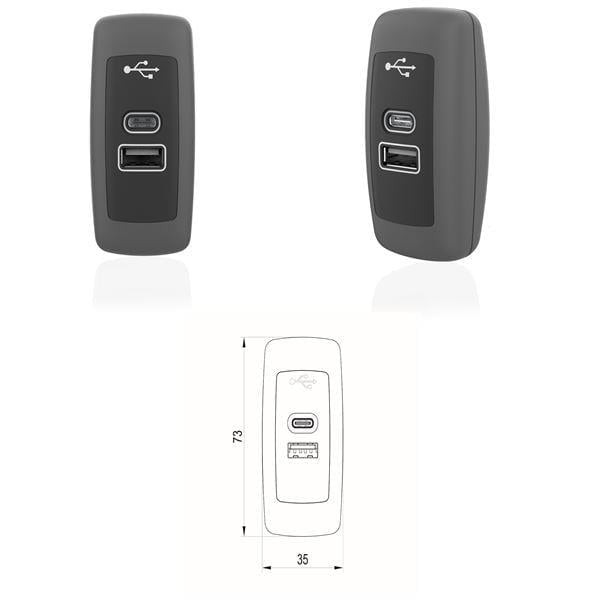 12V 24V BORU TİP USB CHARGER  SİYAH GÖVDE MAVİ LED