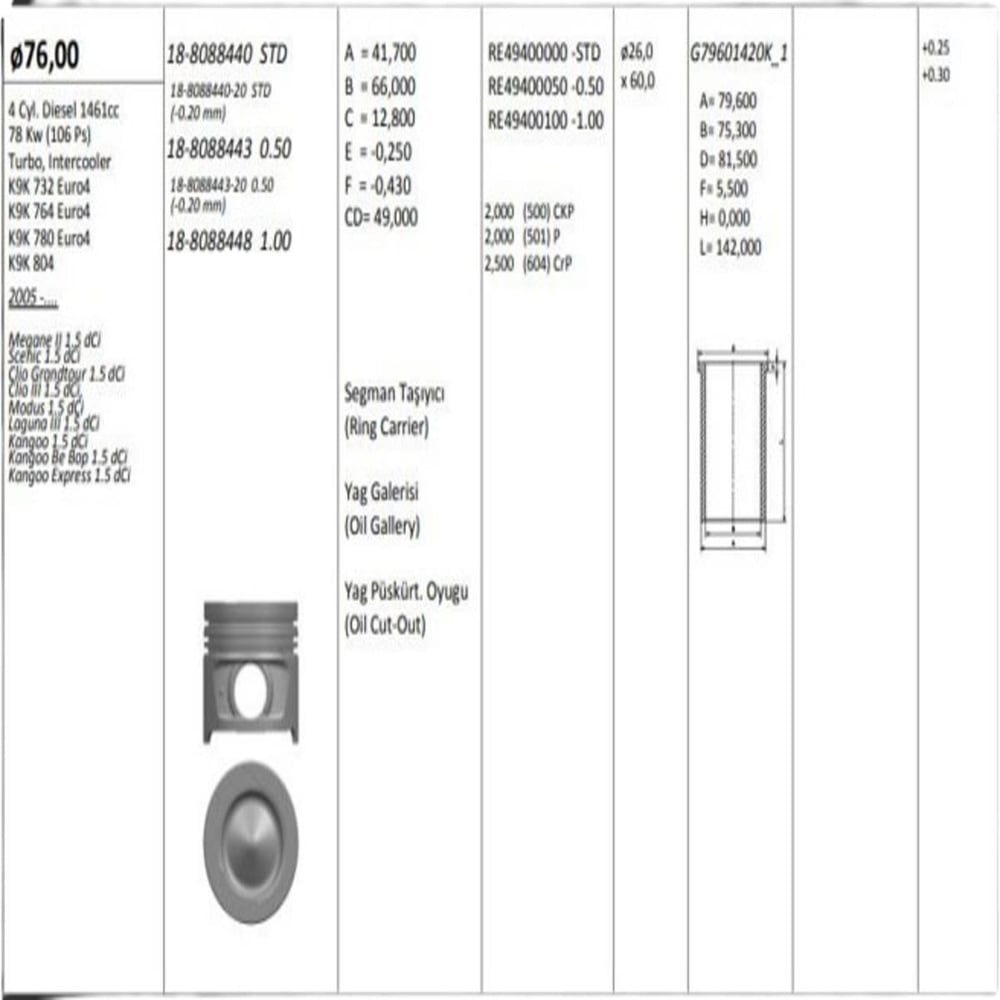 MOTOR PISTON+SEGMANI MEGANE II SCENIC CLIO III MODUS LAGUNA III KANGOO (1.5DCI EURO4 K9K) [(76.00MM)