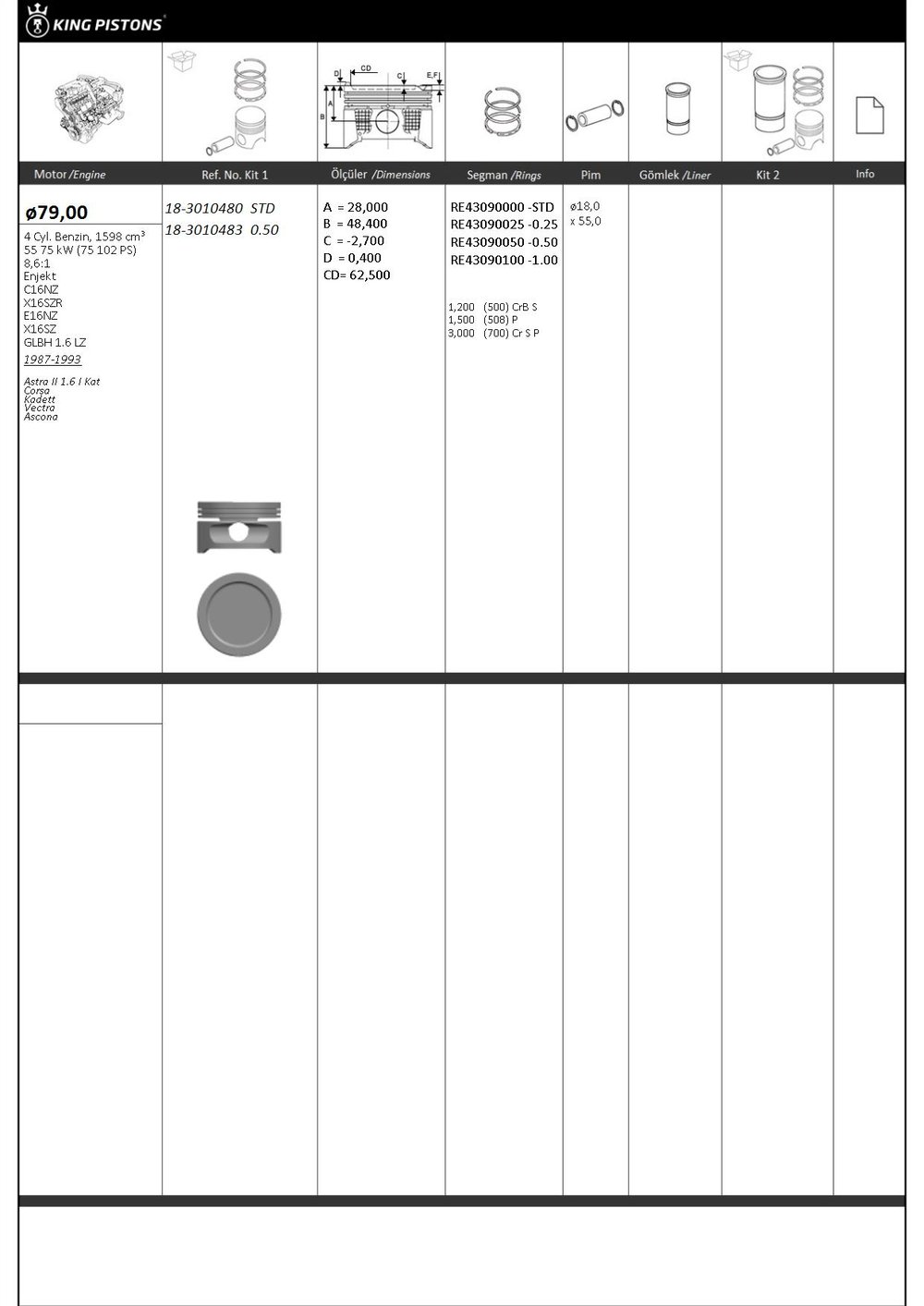 PISTON SEGMAN 050 79,50mm (OPEL: ASTRA-CORSA-KADETT-VECTRA 1.6) (C16NZ-X16SZR-E16NZ-X16SZ)