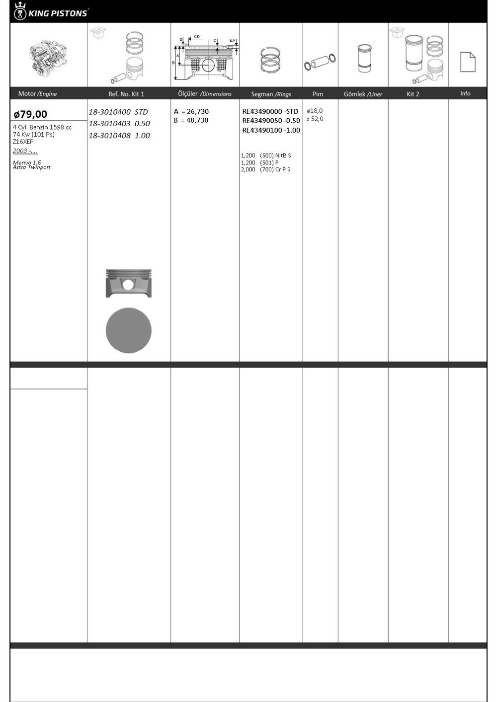 PİSTON SEGMAN 050 79,50mm (OPEL: MERİVA-ASTRA 1.6) (Z16XEP)