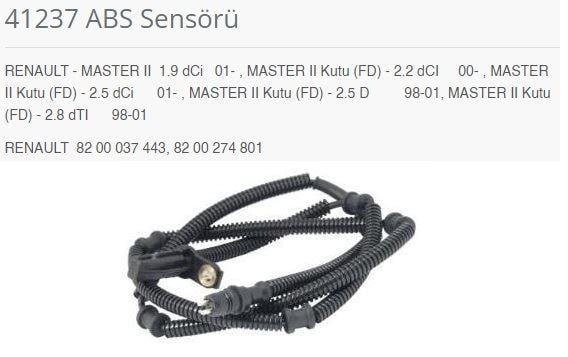 ABS SENSÖRÜ RENAULT - MASTER II 1.9 DCİ 01-.MASTER II KUTU FD - 2.2 DCI 00-.MASTER II KUTU FD - 2.5 DCİ 01-.MASTER II KUTU FD - 2.5 D 98-01. MASTER II KUTU FD - 2.8 DTI 98-01