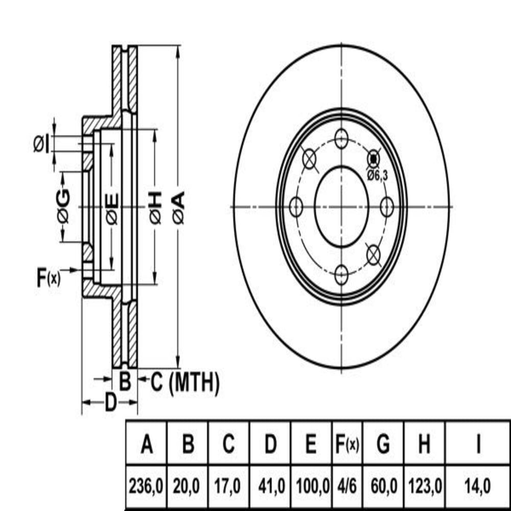 FREN DISK ON HAVA KANALLI 236-4 ( OPEL : VECTRA A 1.6 1988>1995 / ASTRA F 1.4I 1991>1998/ CORSA B 1.2 1.4 1993>2000)