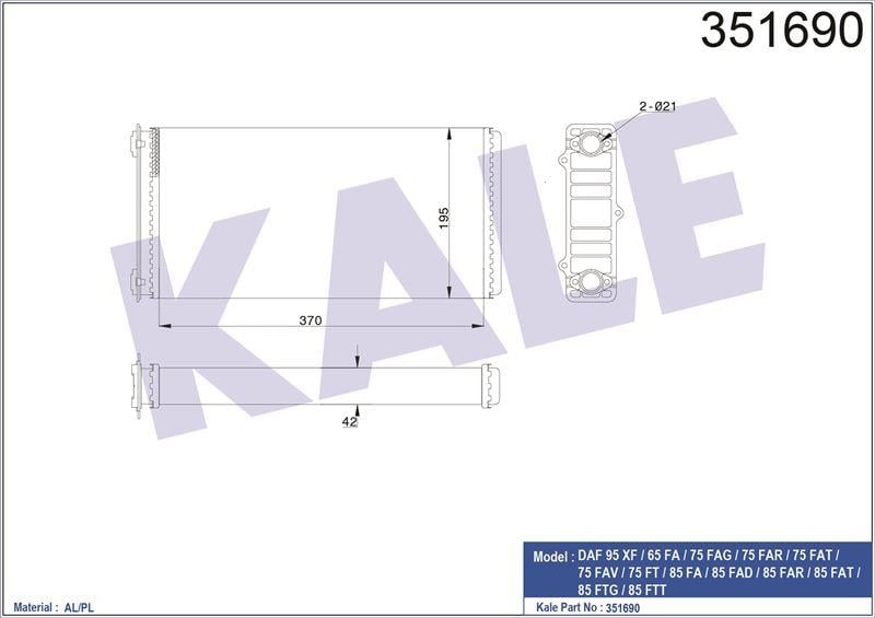 KALORİFER RADYATÖRÜ DAF DAF 95XF FA/FAC/FAD/FAS/FA T/FT/FTG/FTR/FTS/FTT 97<02 65FA FAV 75FA FAG/FAR/FAV/FT 85FA FAD/FAR/FAT/FT/FTG/FTT 92<98 AL/MKNK 370×195×42