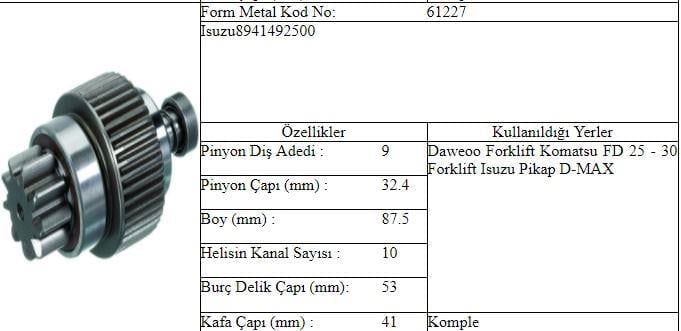 MARŞ DİŞLİ 9D.DAEWOO KOMATSU F.LIFT DMAX