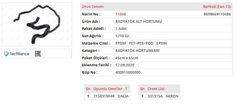 RADYATÖR ALT HORTUMU DACIA LODGY  1.6
