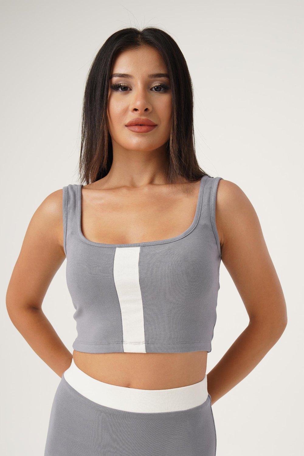 Askılı Crop Etek Gri İkili Takım