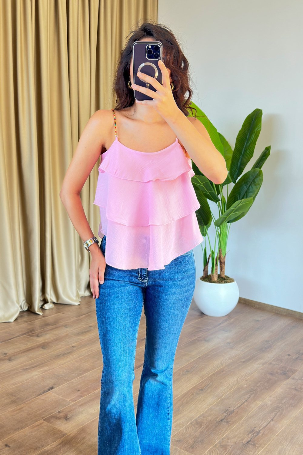 Askısı Boncuklu Kat Kat Pembe Fırfır Bluz