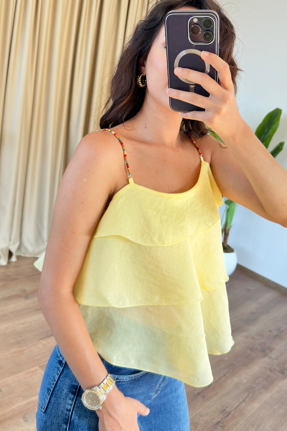 Askısı Boncuklu Kat Kat Sarı Fırfır Bluz