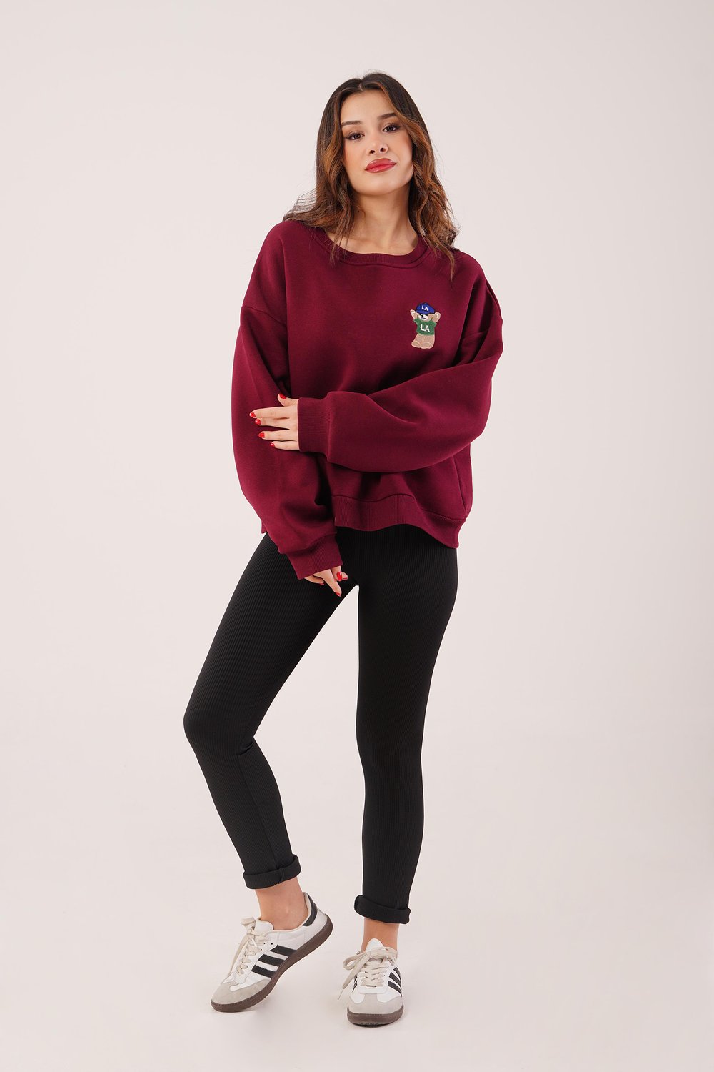 Ayıcık Nakışlı Bisiklet Yaka Bordo Sweatshirt