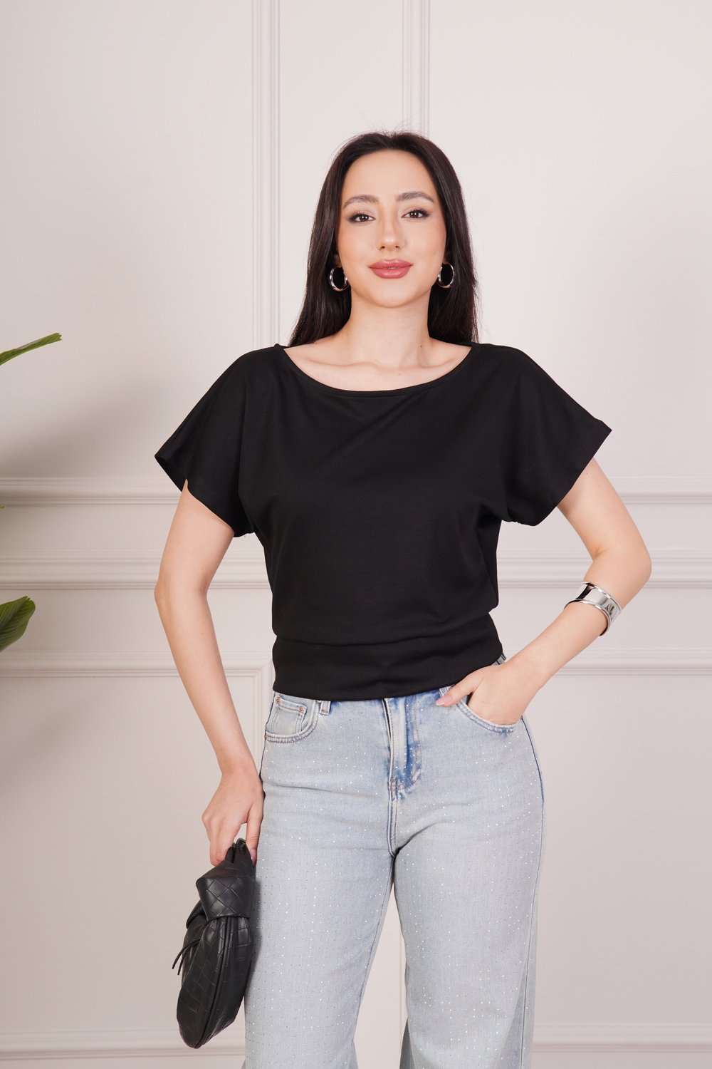 Basic Oys Kumaş Kısa Kol Siyah Bluz