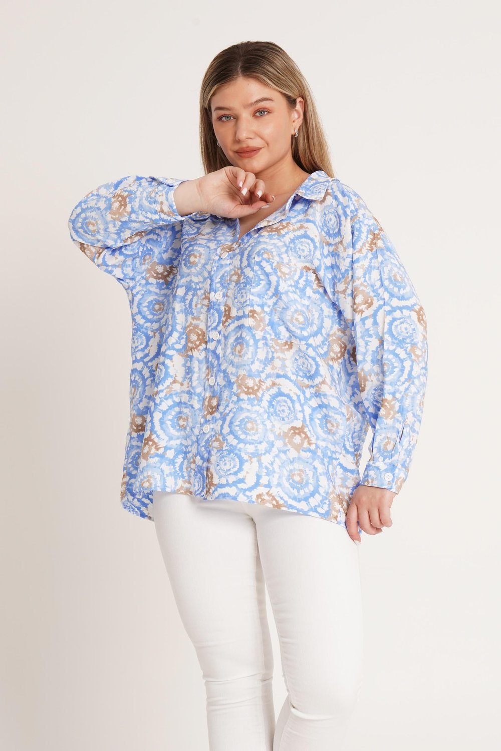 Batik Desenli Oversize Mavi Gömlek
