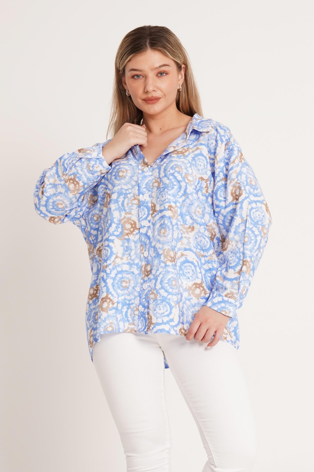 Batik Desenli Oversize Mavi Gömlek