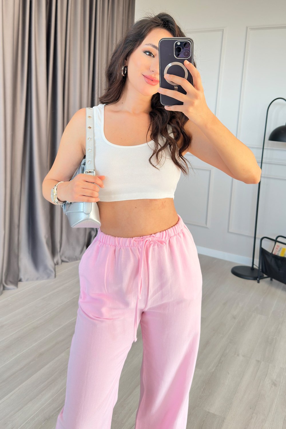 Beli Bağcık Bağlamalı Pembe Keten Pantolon