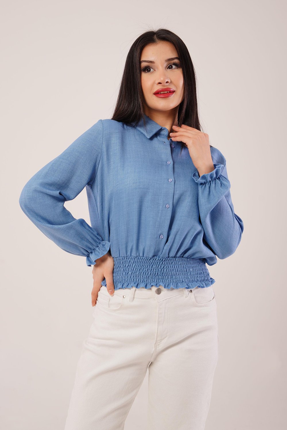 Bel ve Bilek Lastikli İndigo Bluz	