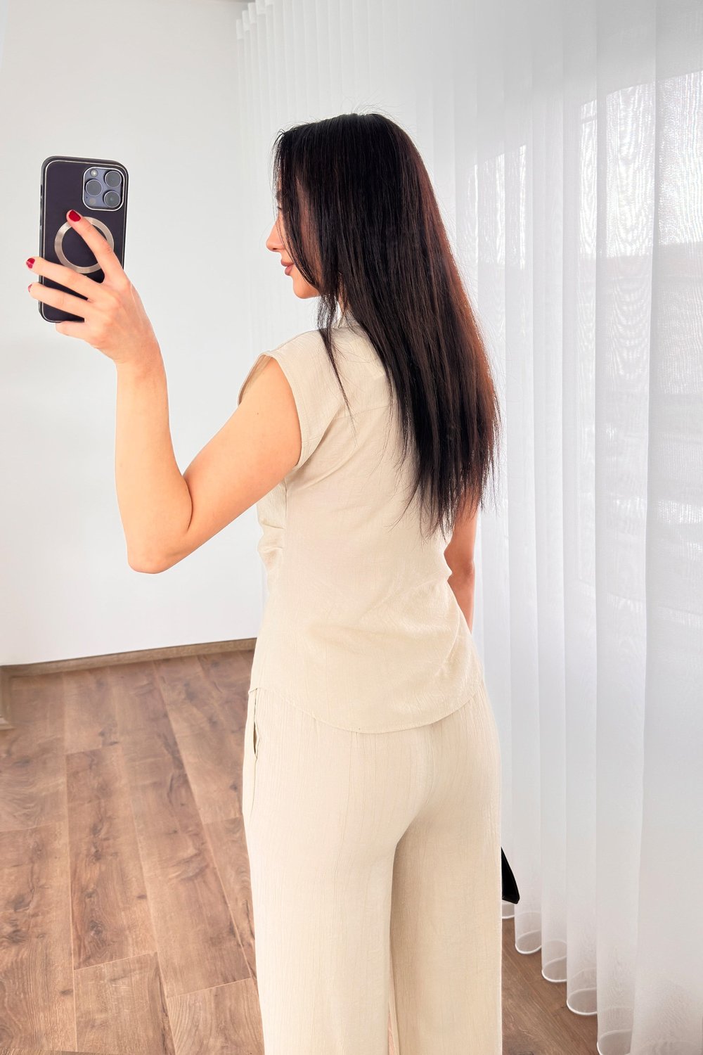 Beli Kuşak Bağlamalı Bluz Pantolon Bej Takım