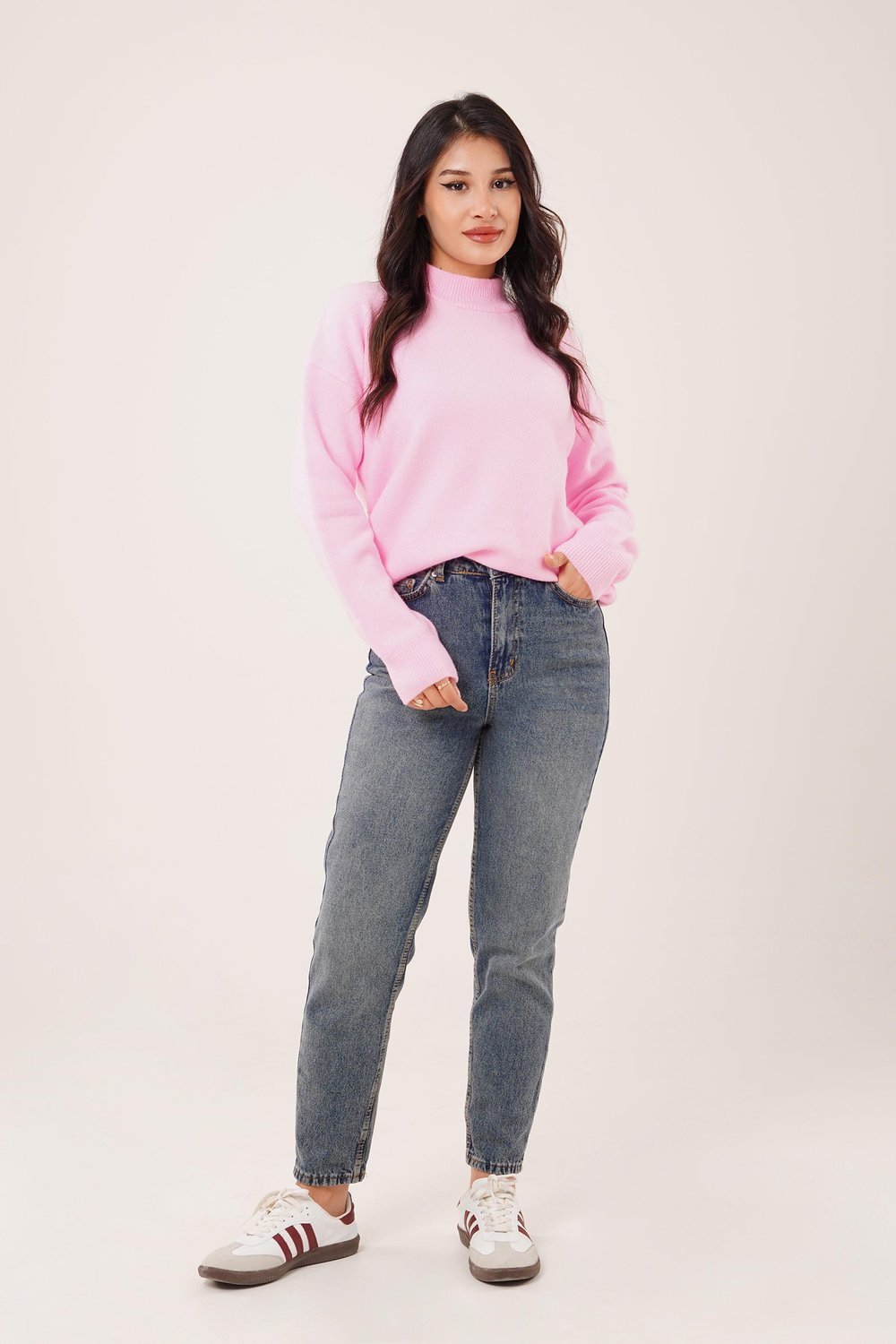 Kalın Yaka Ribanalı Basic Pembe Triko Kazak