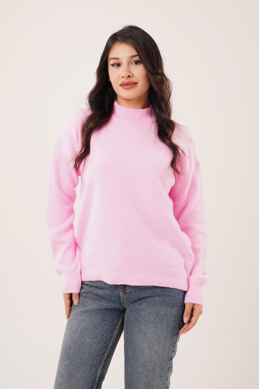 Kalın Yaka Ribanalı Basic Pembe Triko Kazak