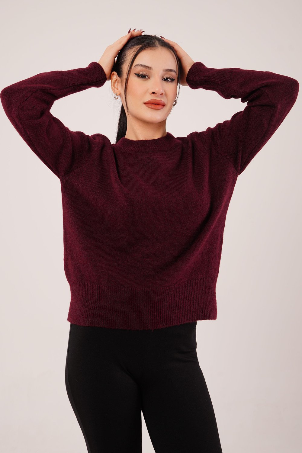 Bisiklet Yaka Düz Model Bordo Triko Kazak