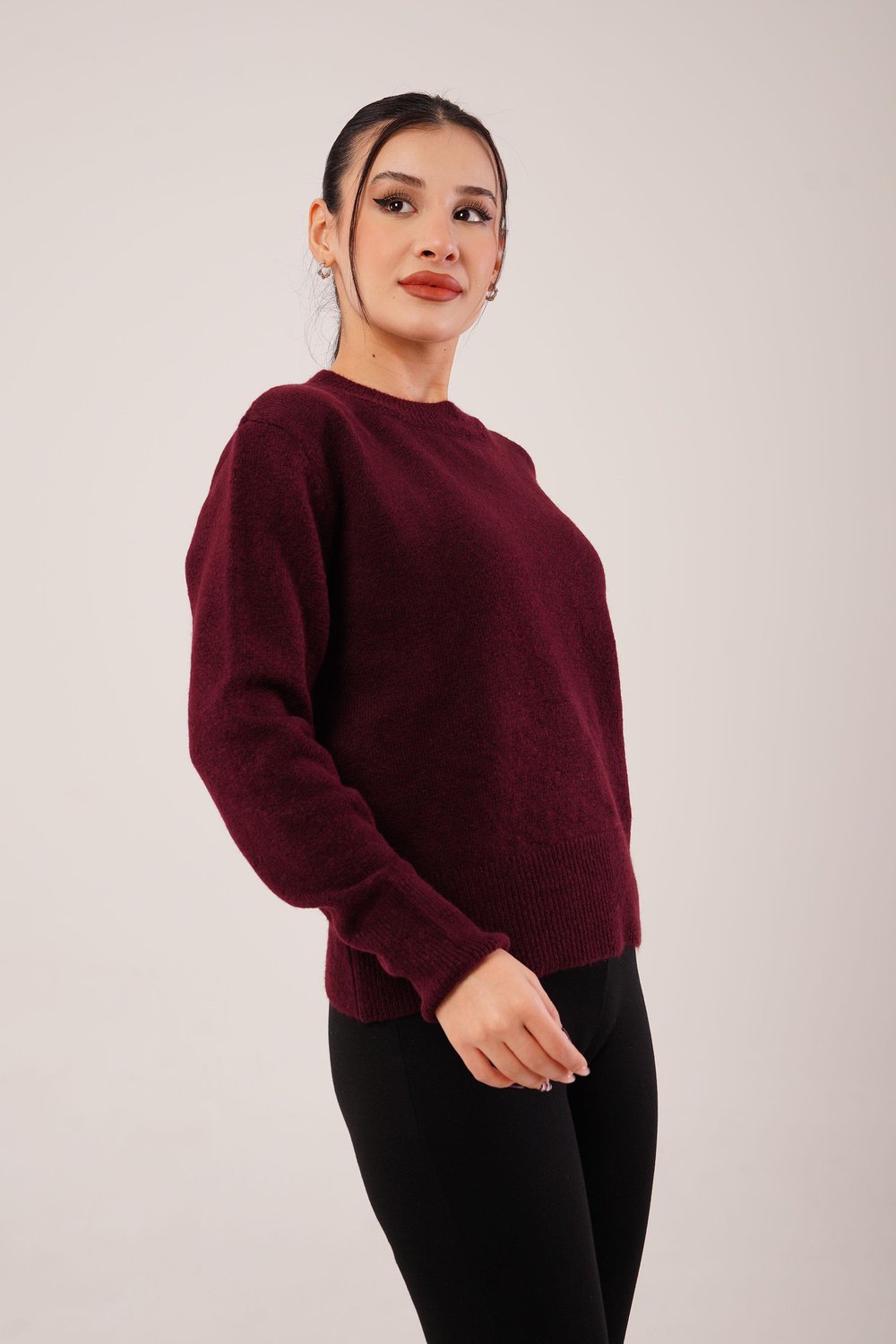 Bisiklet Yaka Düz Model Bordo Triko Kazak