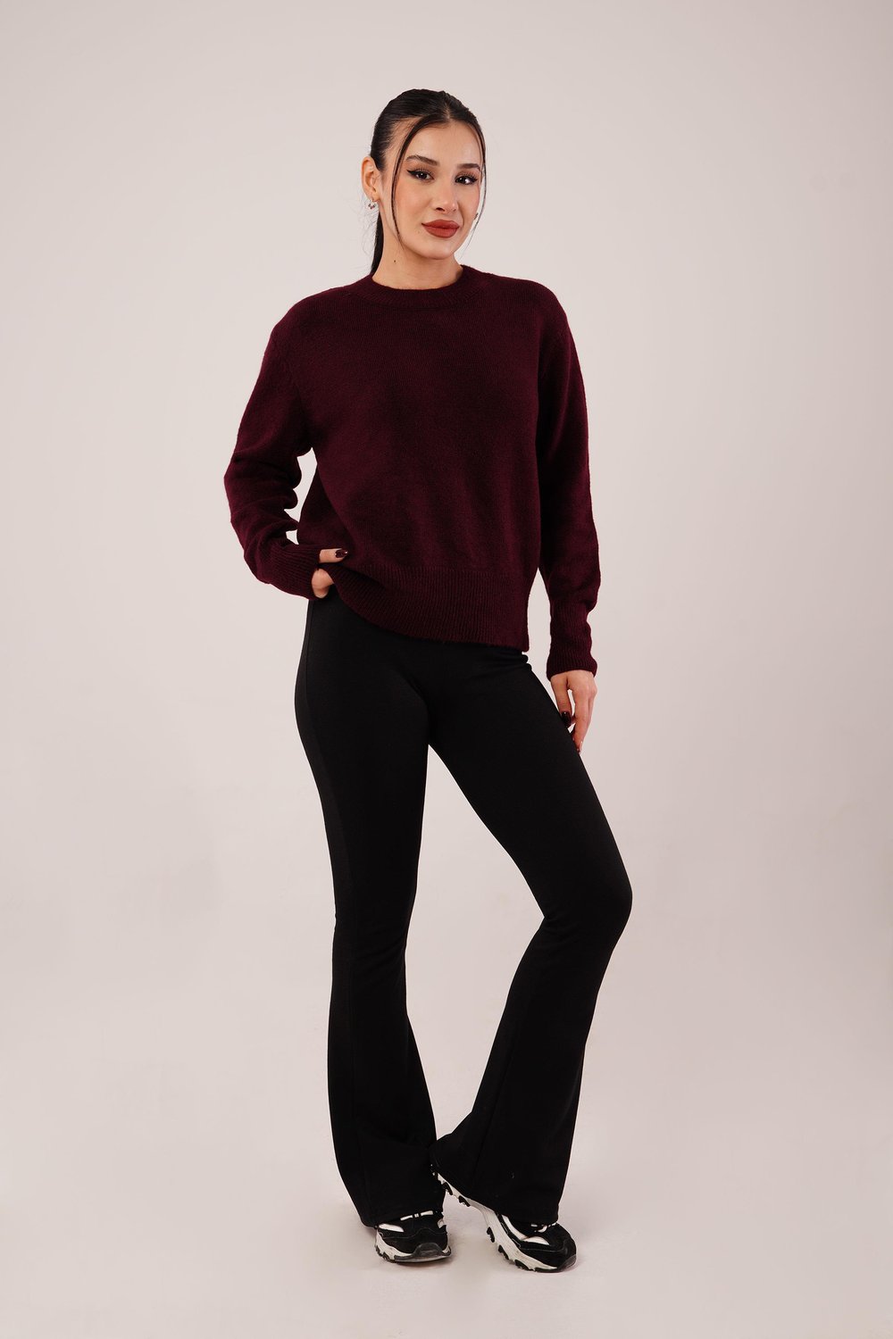 Bisiklet Yaka Düz Model Bordo Triko Kazak