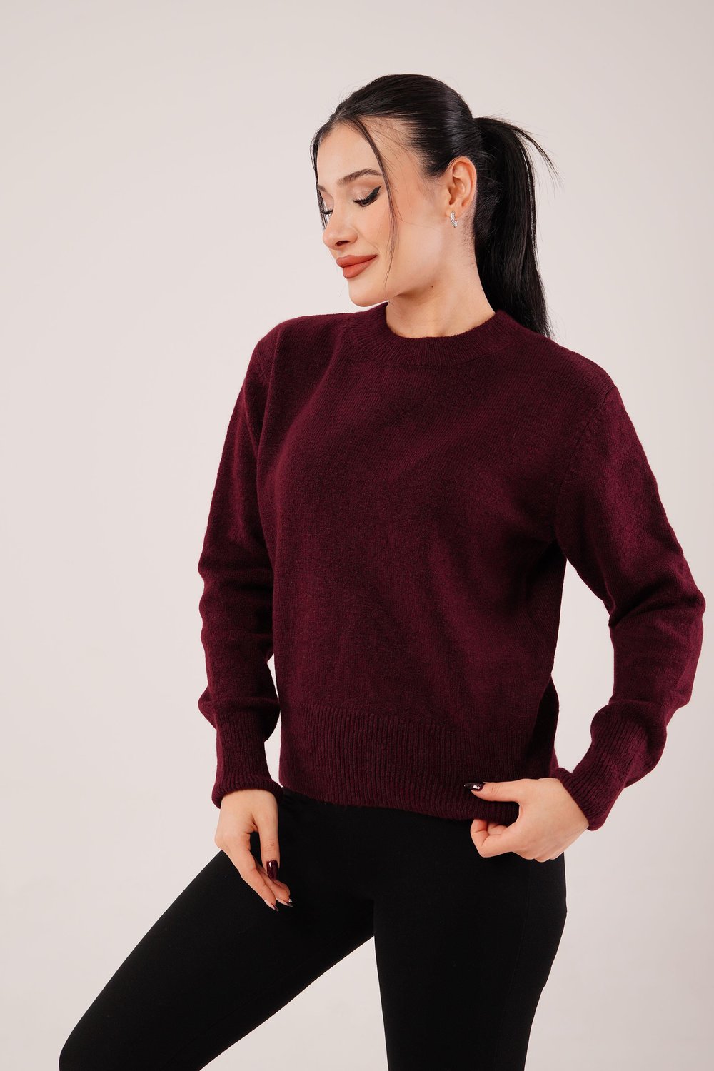 Bisiklet Yaka Düz Model Bordo Triko Kazak