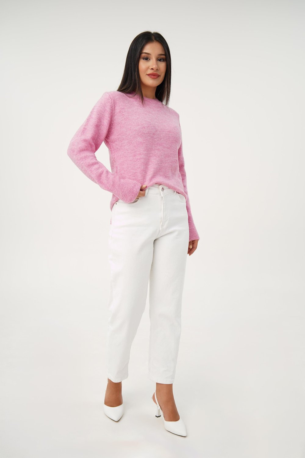Bisiklet Yaka Düz Model Pembe Triko Kazak