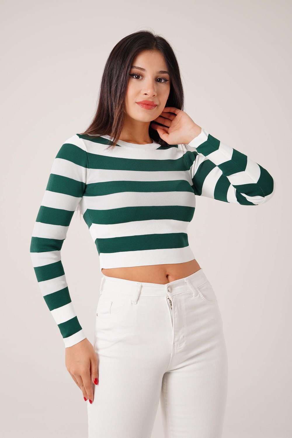 Bisiklet Yaka Z.Yeşili Kalın Çizgili Crop