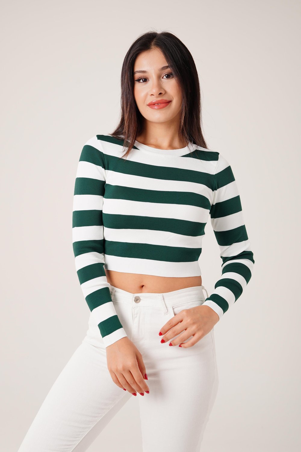 Bisiklet Yaka Z.Yeşili Kalın Çizgili Crop