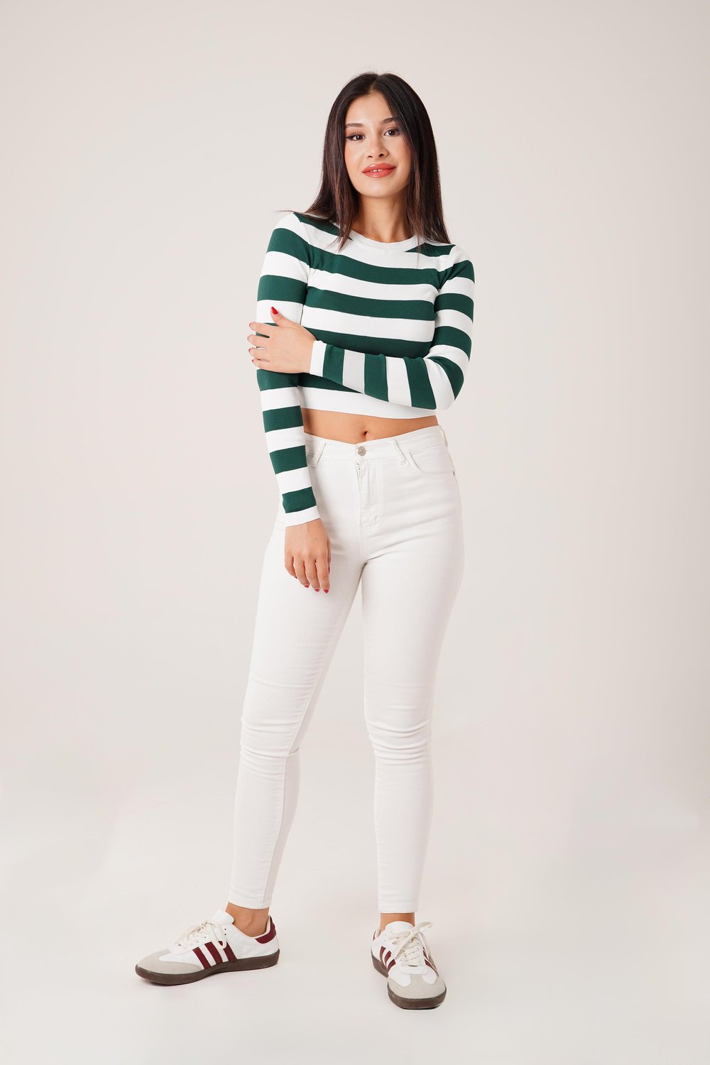 Bisiklet Yaka Z.Yeşili Kalın Çizgili Crop