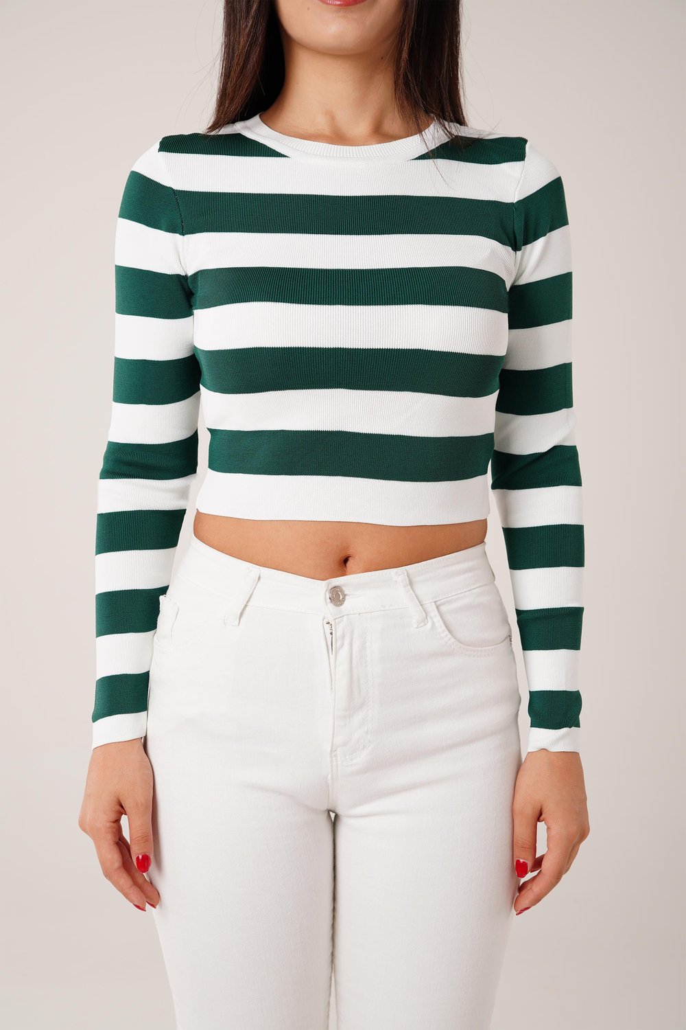 Bisiklet Yaka Z.Yeşili Kalın Çizgili Crop