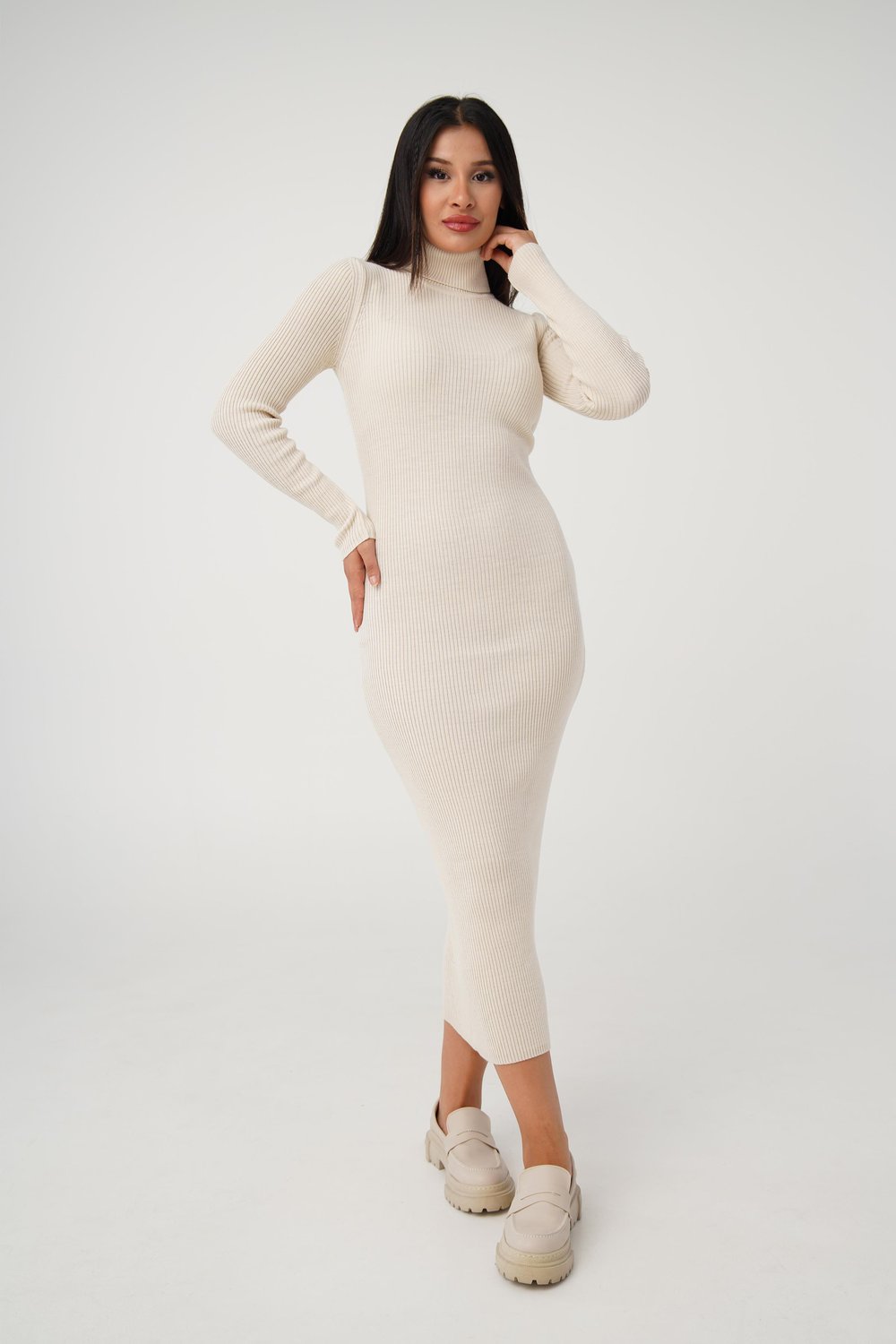 Boğazlı Fitilli Model Bej Triko Uzun Kalem Elbise