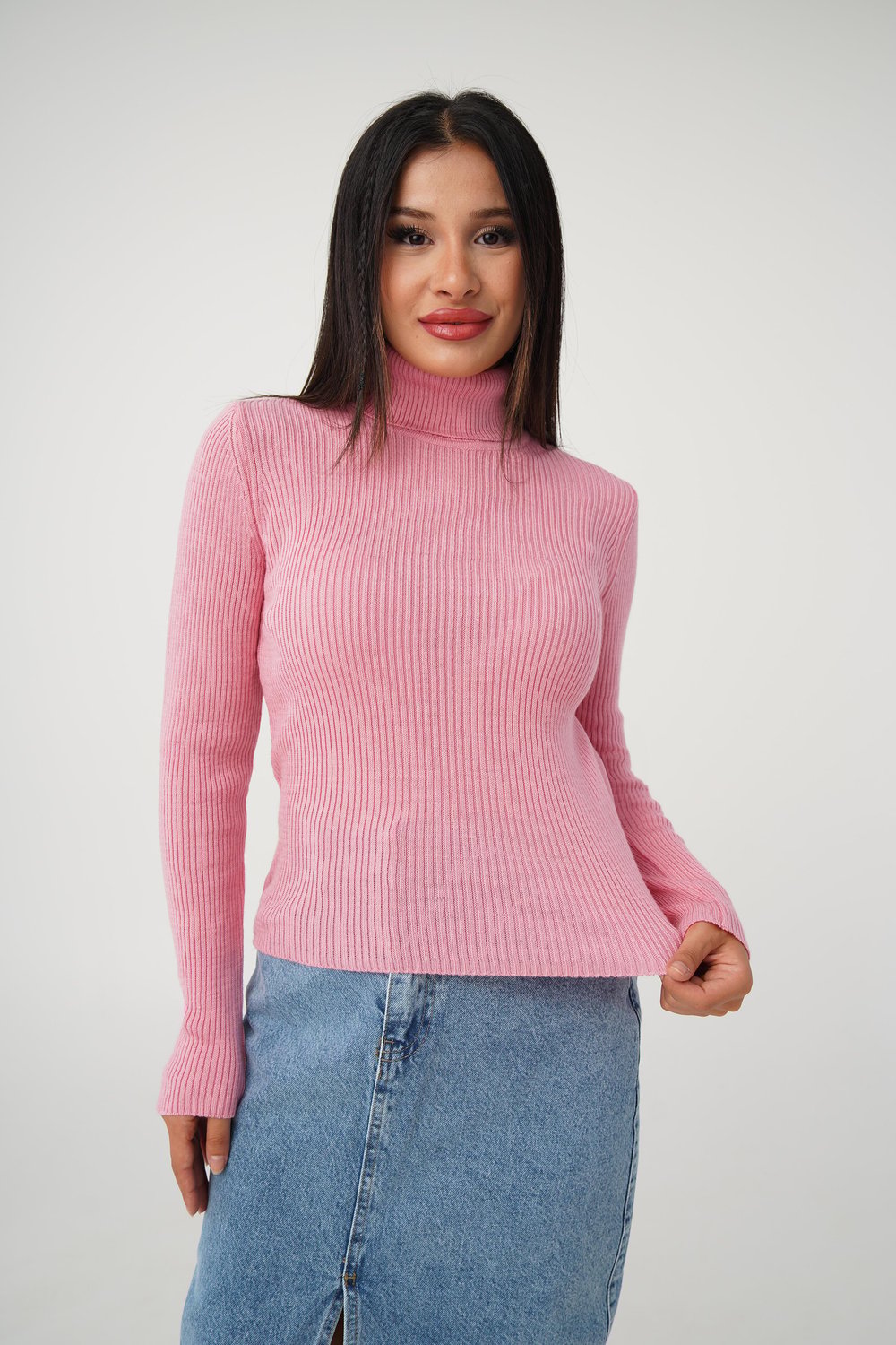 Boğazlı Triko Fitilli Pembe Triko Kazak