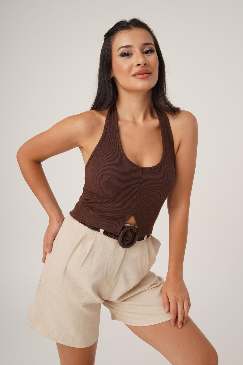 Boyundan Askılı Basic Kahve Crop Bluz