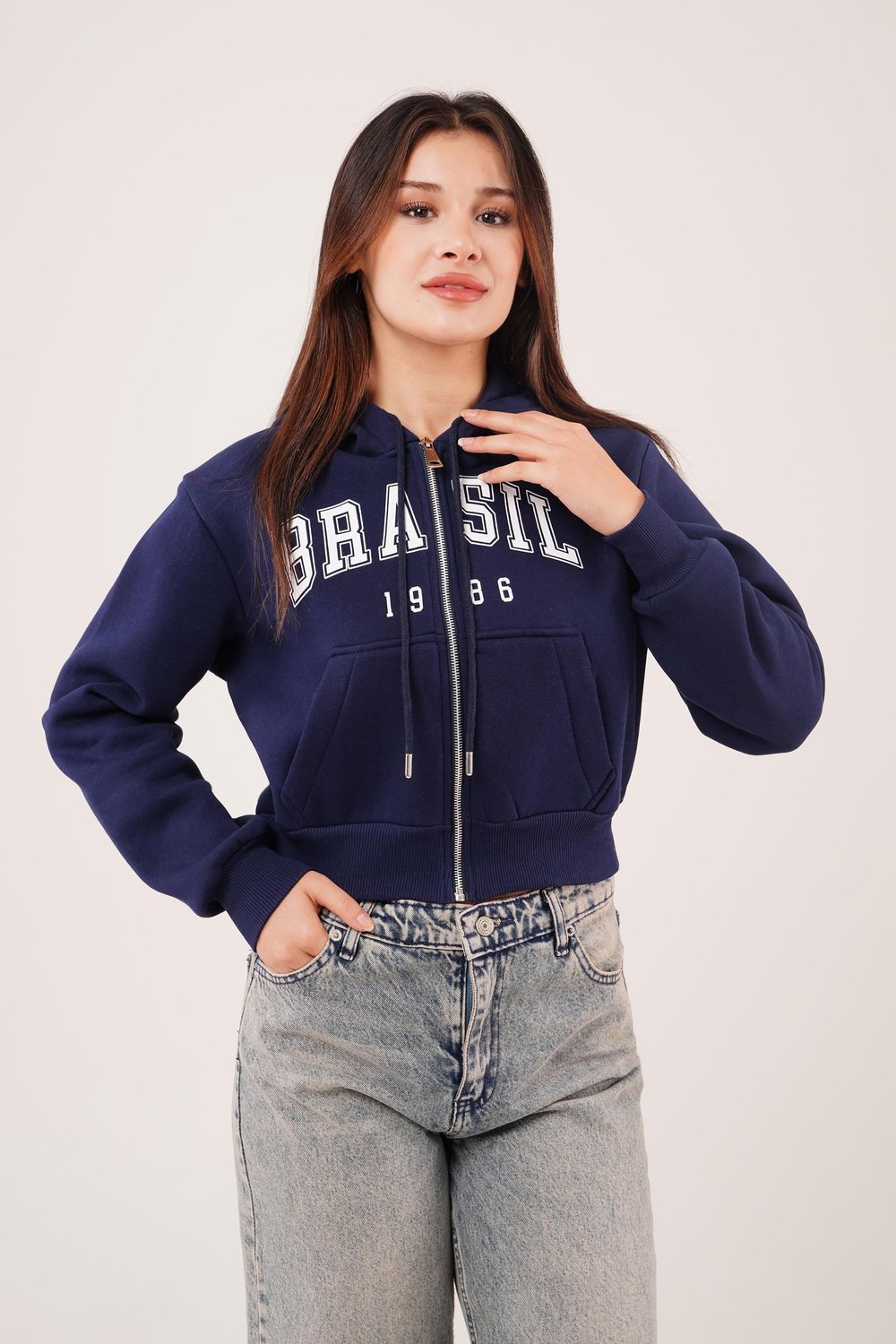 Brasil Baskılı İçi Pamuklu Fermuarlı Lacivert Sweatshirt