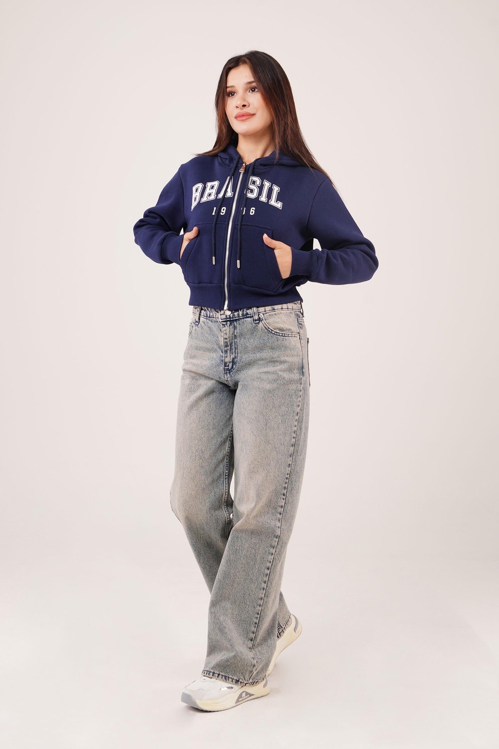 Brasil Baskılı İçi Pamuklu Fermuarlı Lacivert Sweatshirt