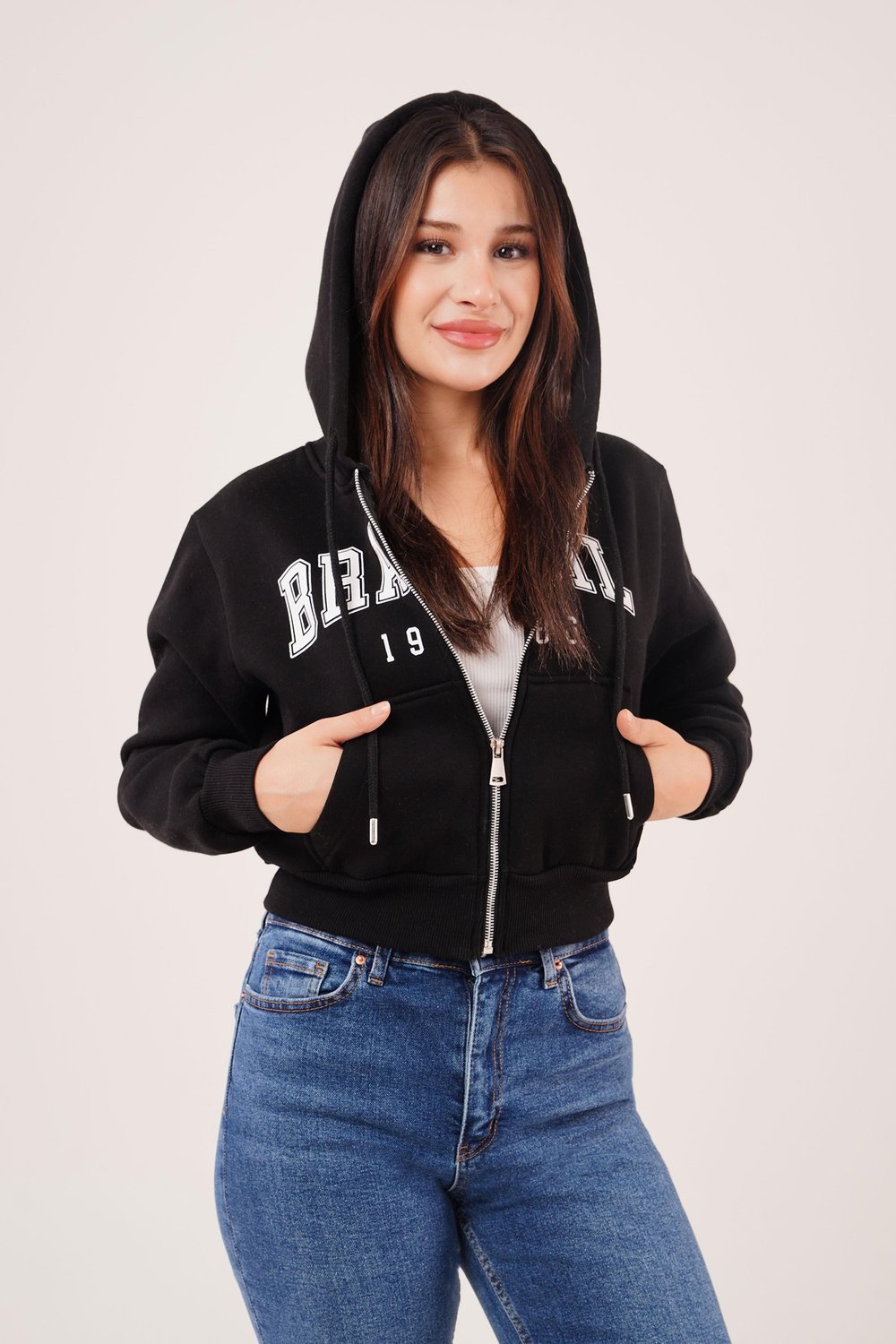 Brasil Baskılı İçi Pamuklu Fermuarlı Siyah Sweatshirt