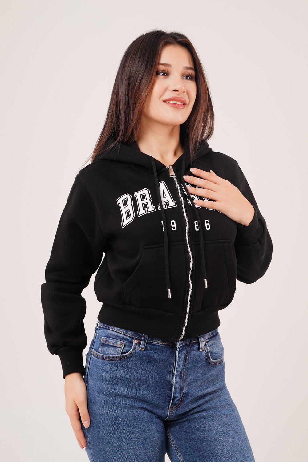 Brasil Baskılı İçi Pamuklu Fermuarlı Siyah Sweatshirt