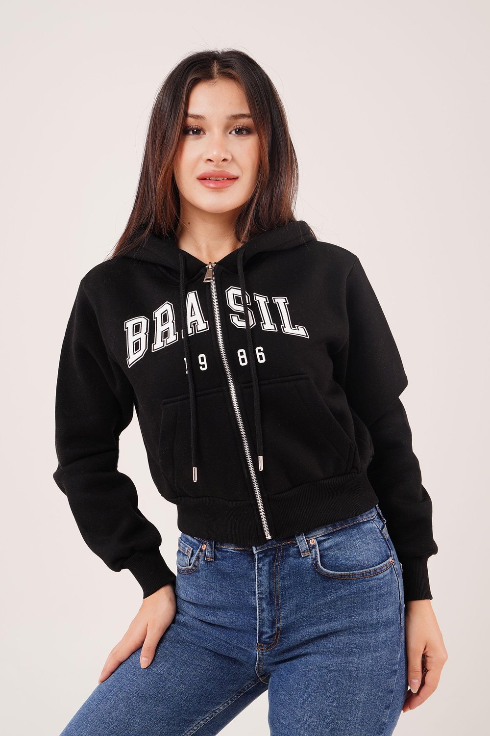 Brasil Baskılı İçi Pamuklu Fermuarlı Siyah Sweatshirt