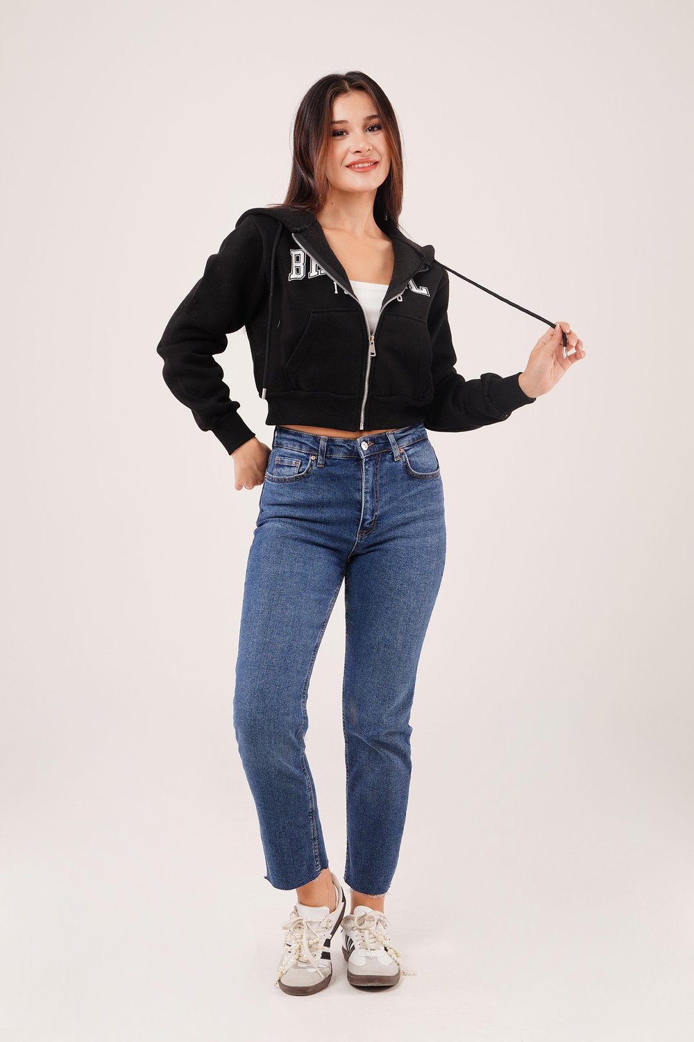 Brasil Baskılı İçi Pamuklu Fermuarlı Siyah Sweatshirt