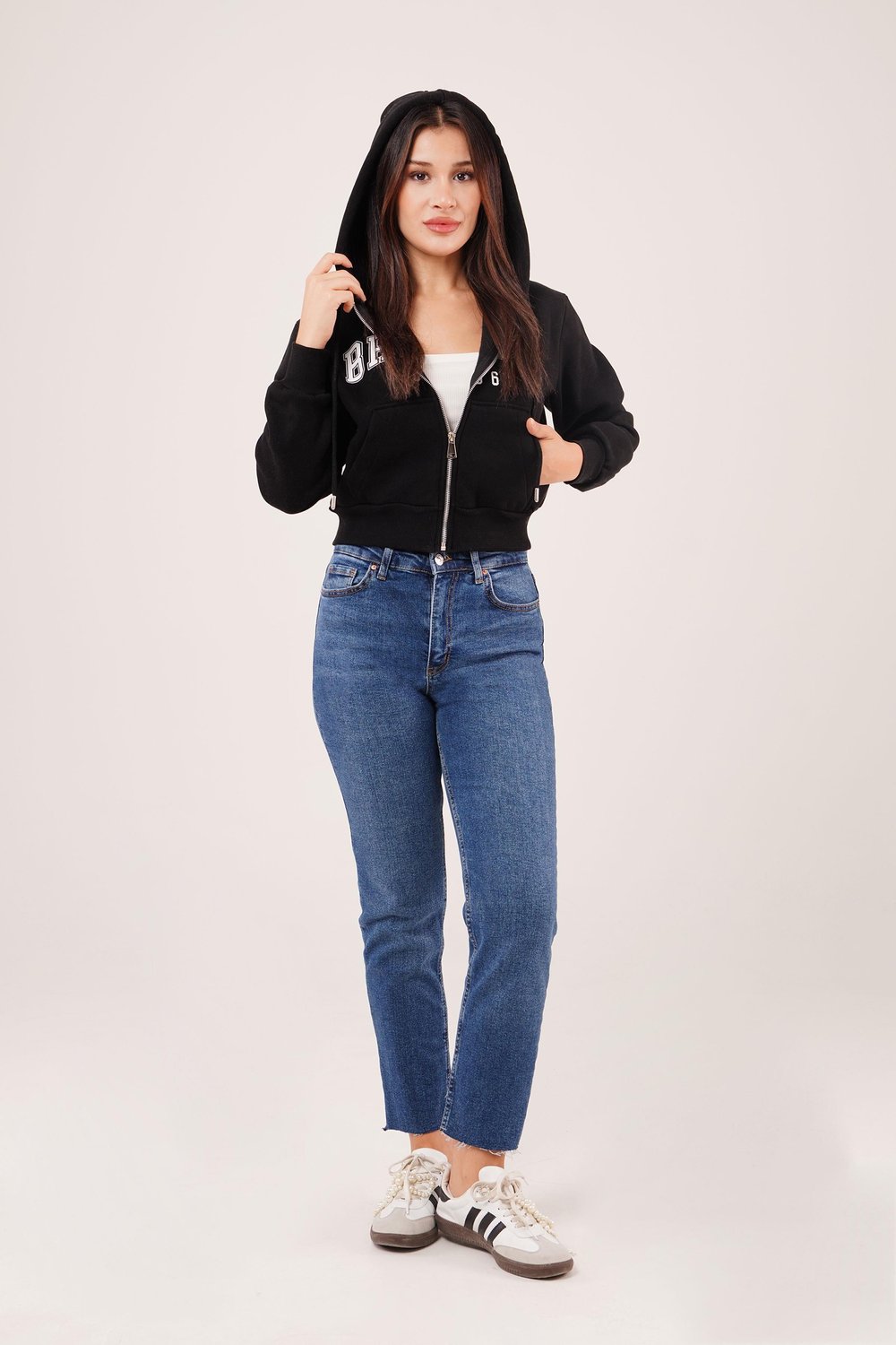 Brasil Baskılı İçi Pamuklu Fermuarlı Siyah Sweatshirt