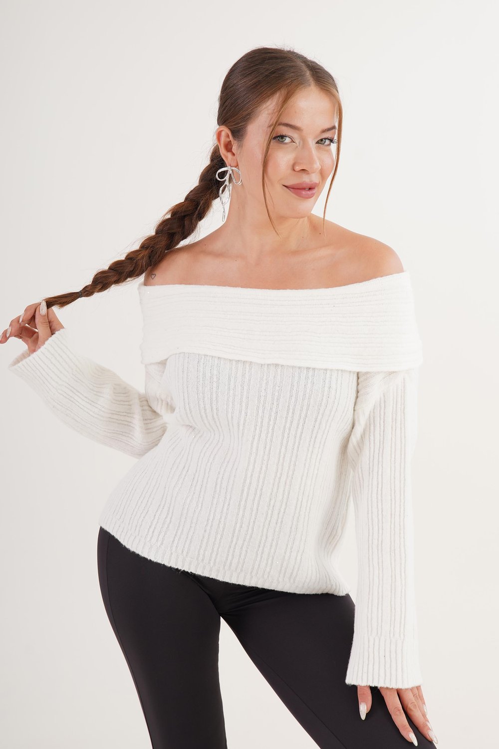 Carmen Yaka Pul Payetli Oversize Trend Ekru Kazak