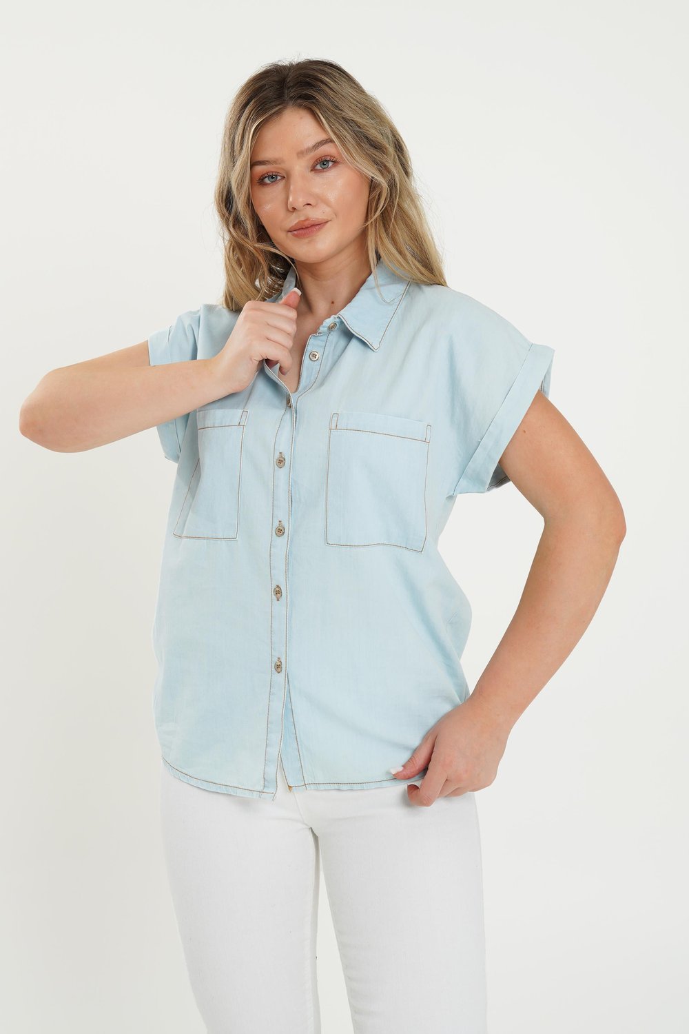 Cepli Dikişli Denim Mavi Gömlek