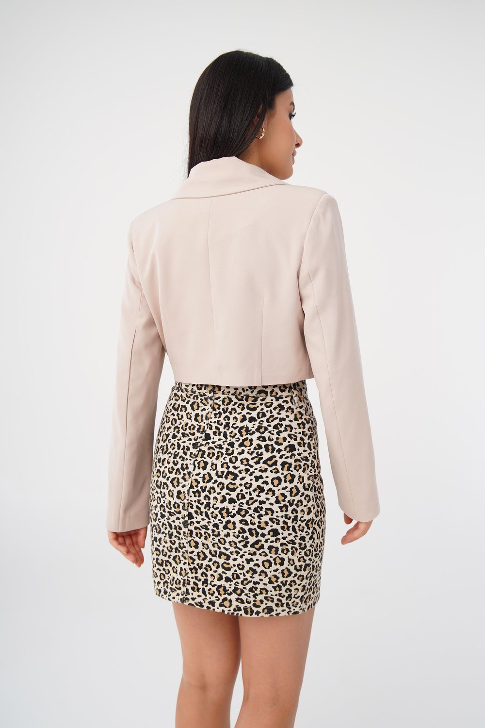 Çift Düğmeli Bej Blazer Crop Ceket