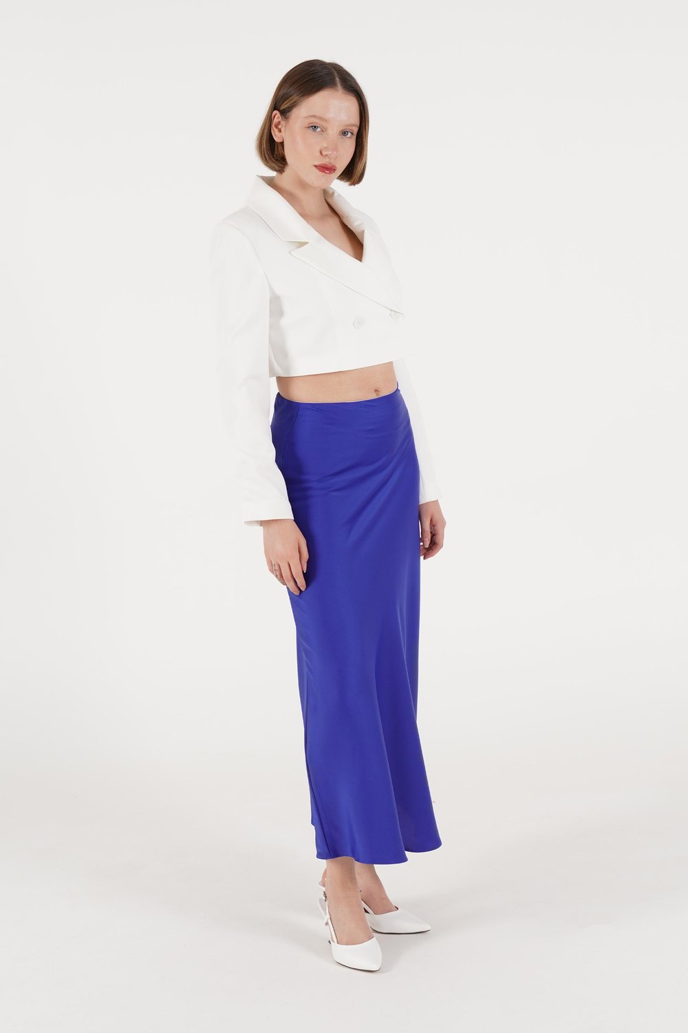 Çift Düğmeli Beyaz Blazer Crop Ceket