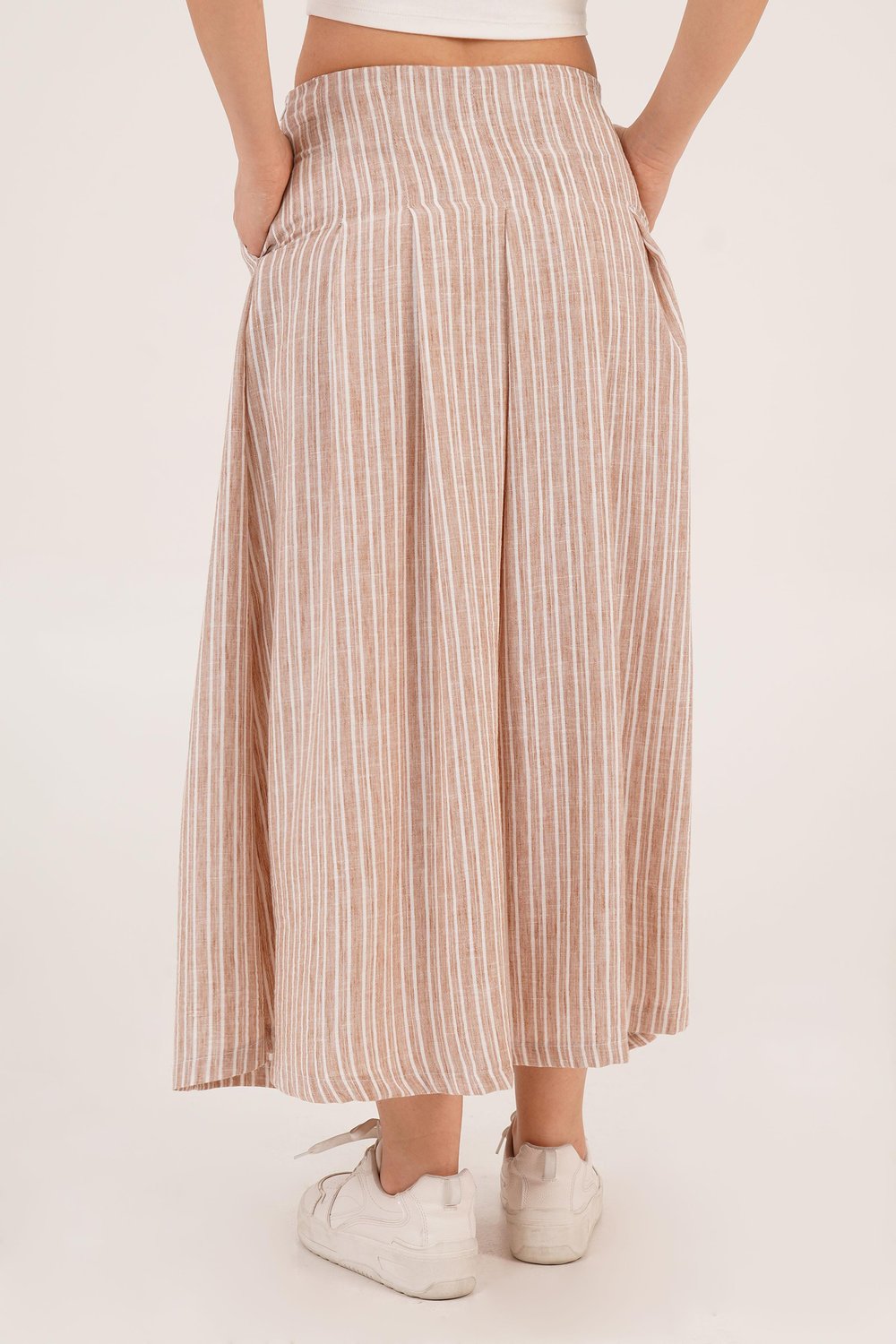 Çizgi Desenli Trend Midi Keten Camel Etek